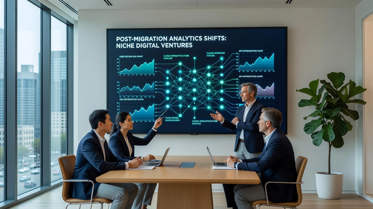 Team reviewing post-migration analytics reports on multiple screens
