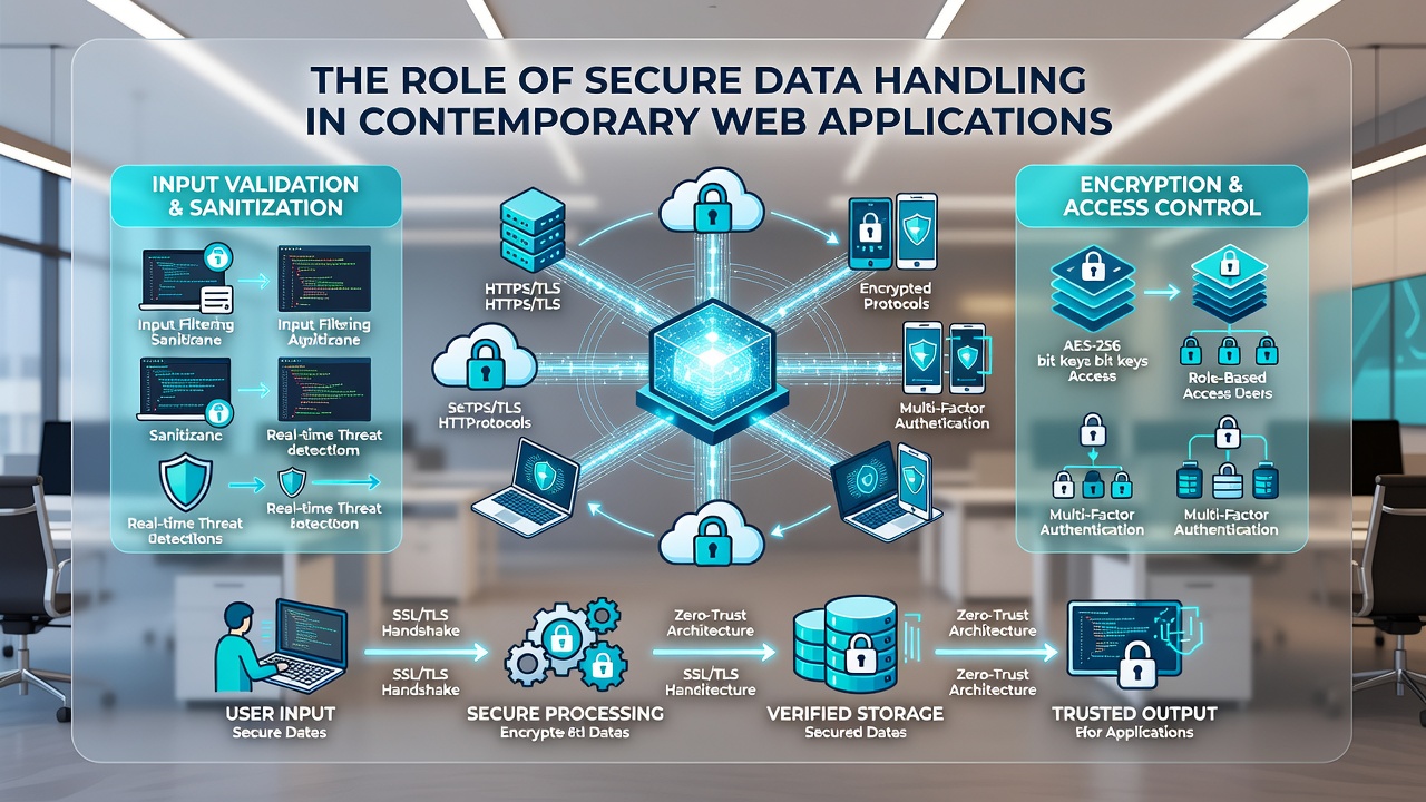 Diagram depicting threat mitigation strategies including zero-trust models and container security monitoring in web environments